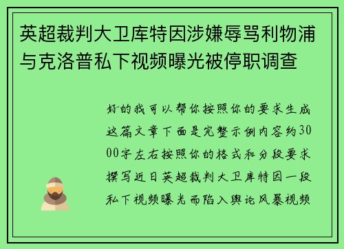 英超裁判大卫库特因涉嫌辱骂利物浦与克洛普私下视频曝光被停职调查 英超裁判大卫库特因涉嫌辱骂利物浦与克洛普私下视频曝光被停职调查